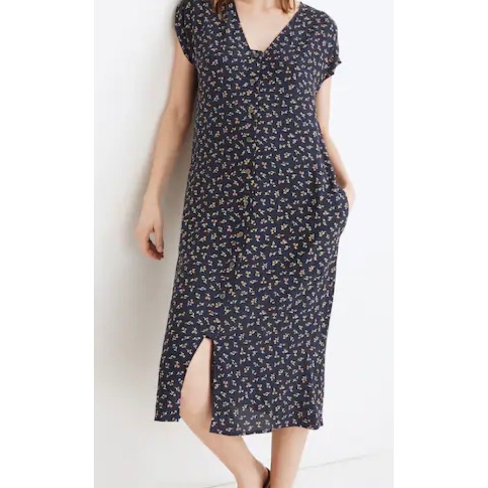 Madewell Easy Midi Dress Navy Blue Floral Button Front Shift MC944 Womens L
